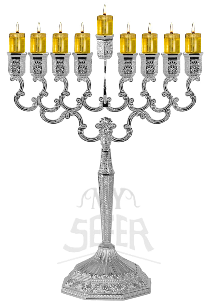 Silver Plated Oil Menorah Filigree Design Medium Size 11.5"