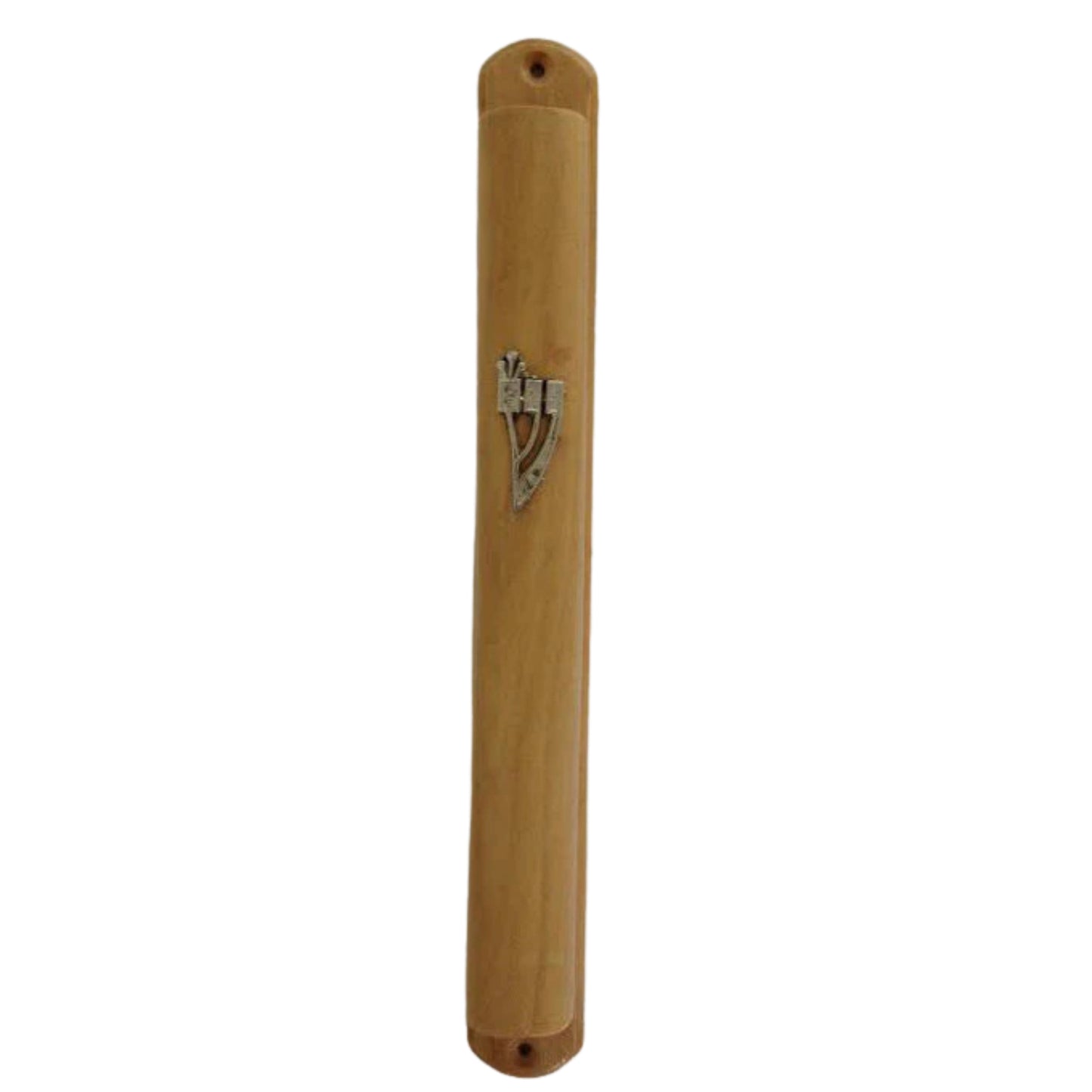 ART Round Olive Wood Mezuzah Case with Silver "Shin" 15cm