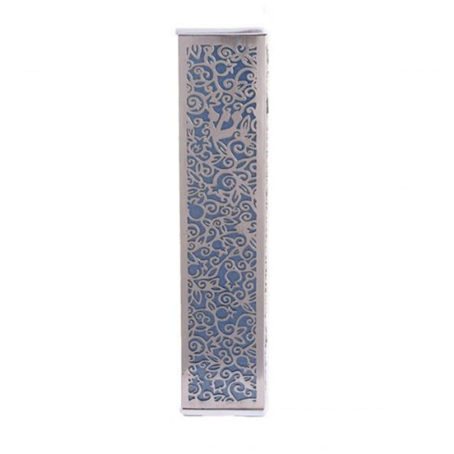 Blue Anodized Aluminum Mezuzah Case with Metal Cutout - Pomegranate