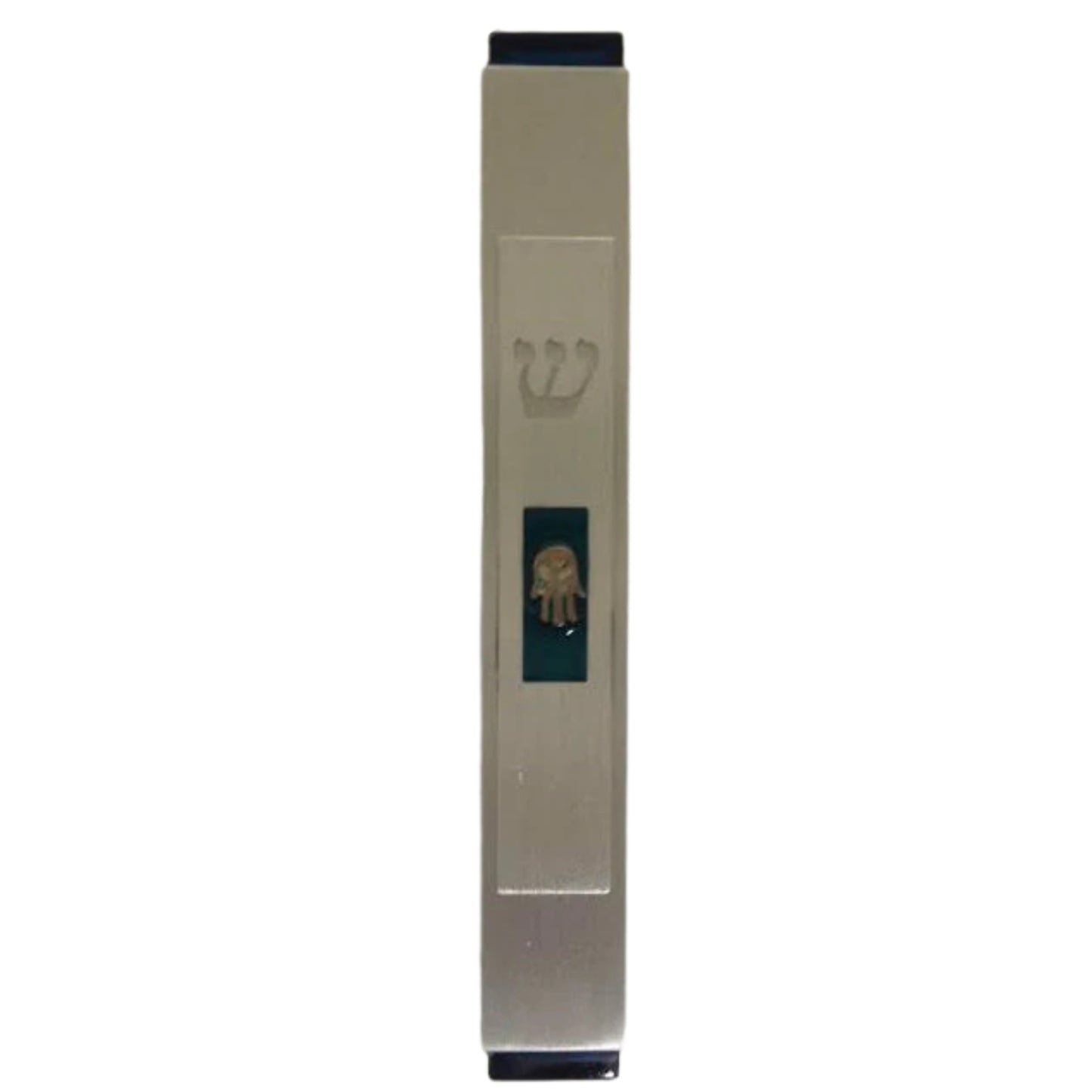 Brushed Aluminum Mezuzah Case Blue with Chamsa Design (Karshi) 12cm