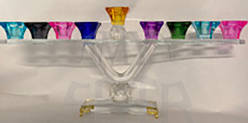 Crystal Menorah w/ Clear Glass Gold Feet-14"x6"h