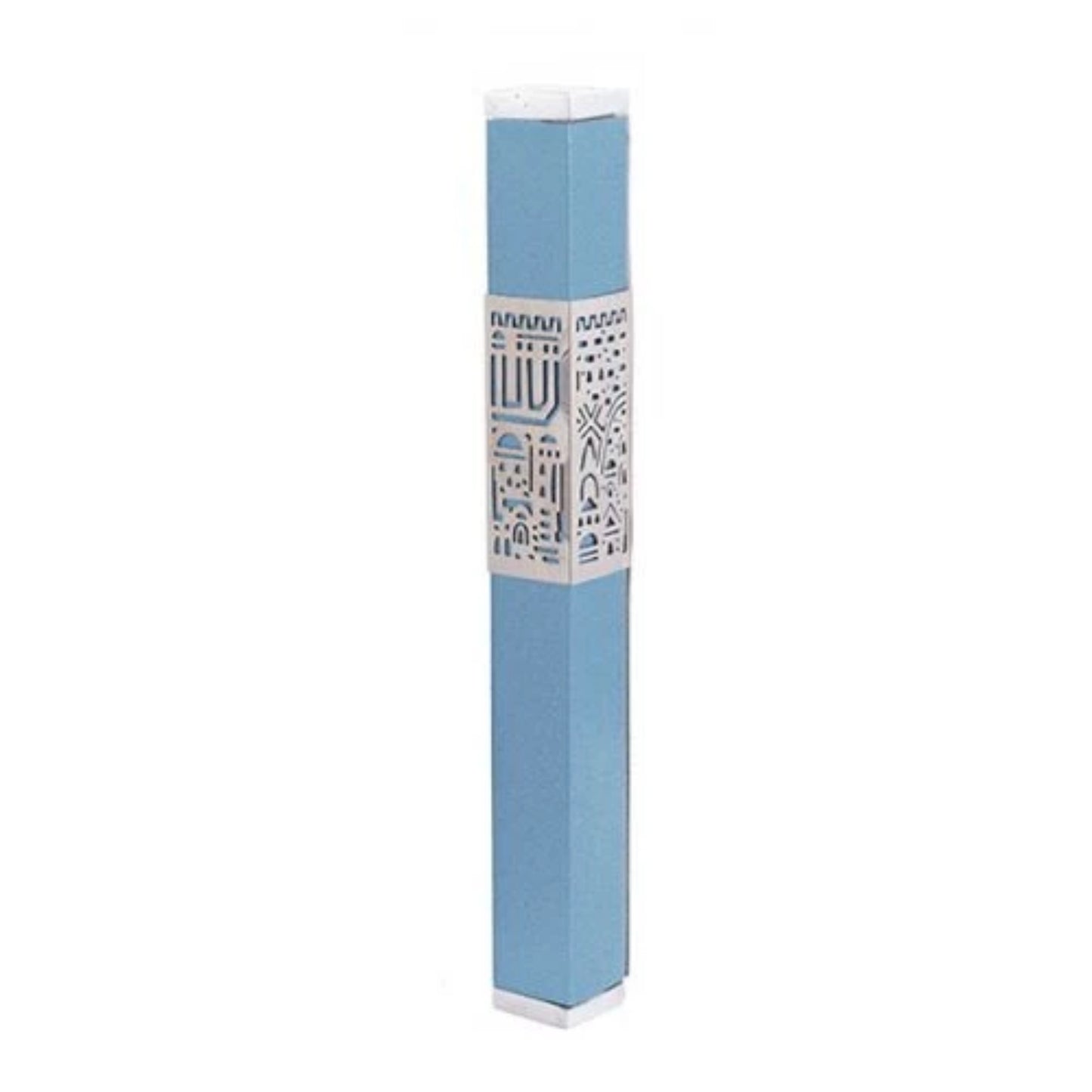 Jerusalem Light Blue Emanuel Metal Mezuzah Case w/ Metal cutout-- 12cm