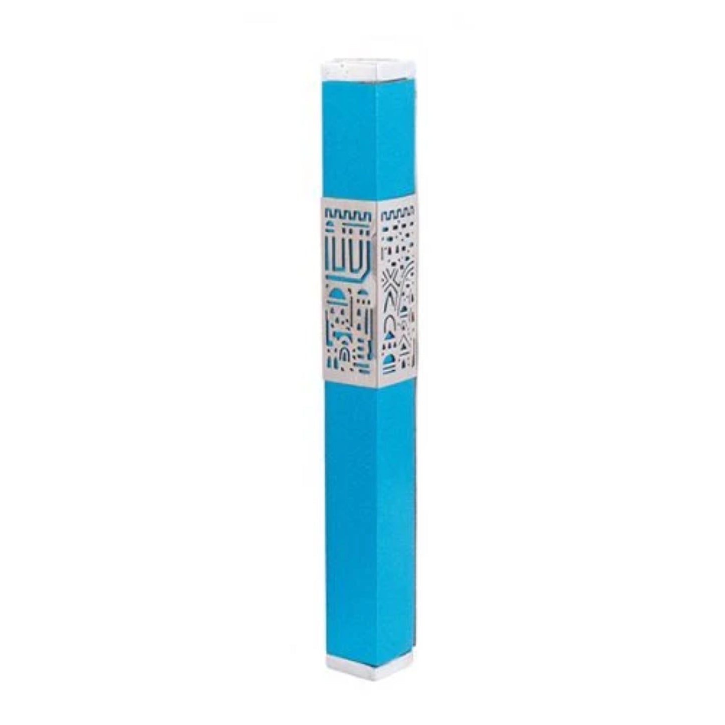 Jerusalem Turquoise Emanuel Metal Mezuzah Case w/ Metal cutout-- 12cm