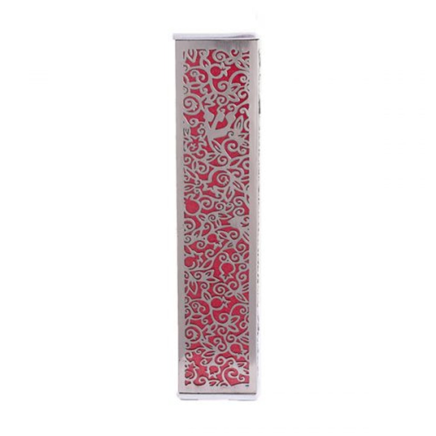 Red Anodized Aluminum Mezuzah Case with Metal Cutout - Pomegranate