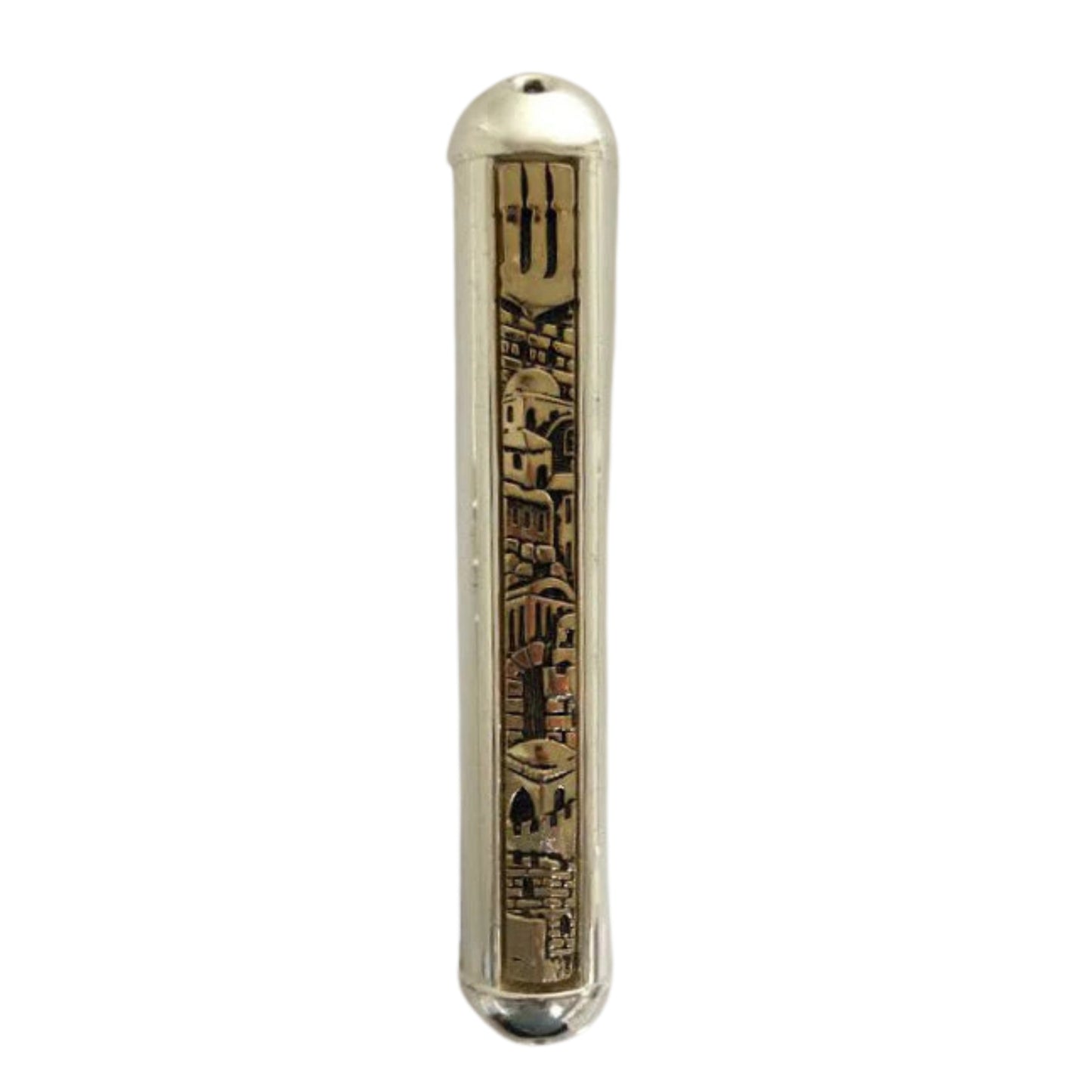 Two Tone Metal Mezuzah Case Etched Jerusalem Design 12cm