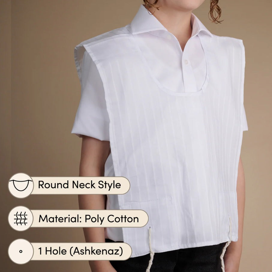 Kids Poly cotton Tzitzis, Round Neck, 1 Hole, Meyuchad Strings #3 (Arba Kanfos 10" x 28")