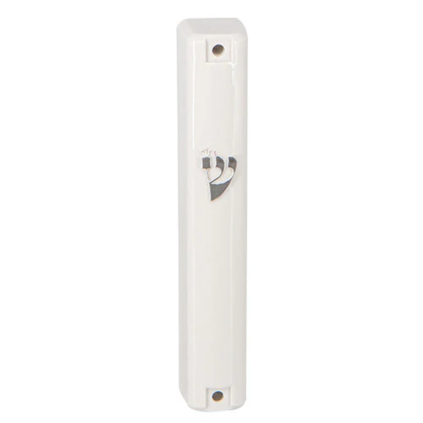 White Plastic Mezuzah Case Silver Shin 12cm