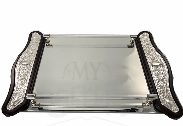 Silverplate And Wood Mirror Candlestick Tray