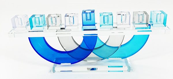 Blue Crystal Menorah on Circles Stand--4.5" x 11"