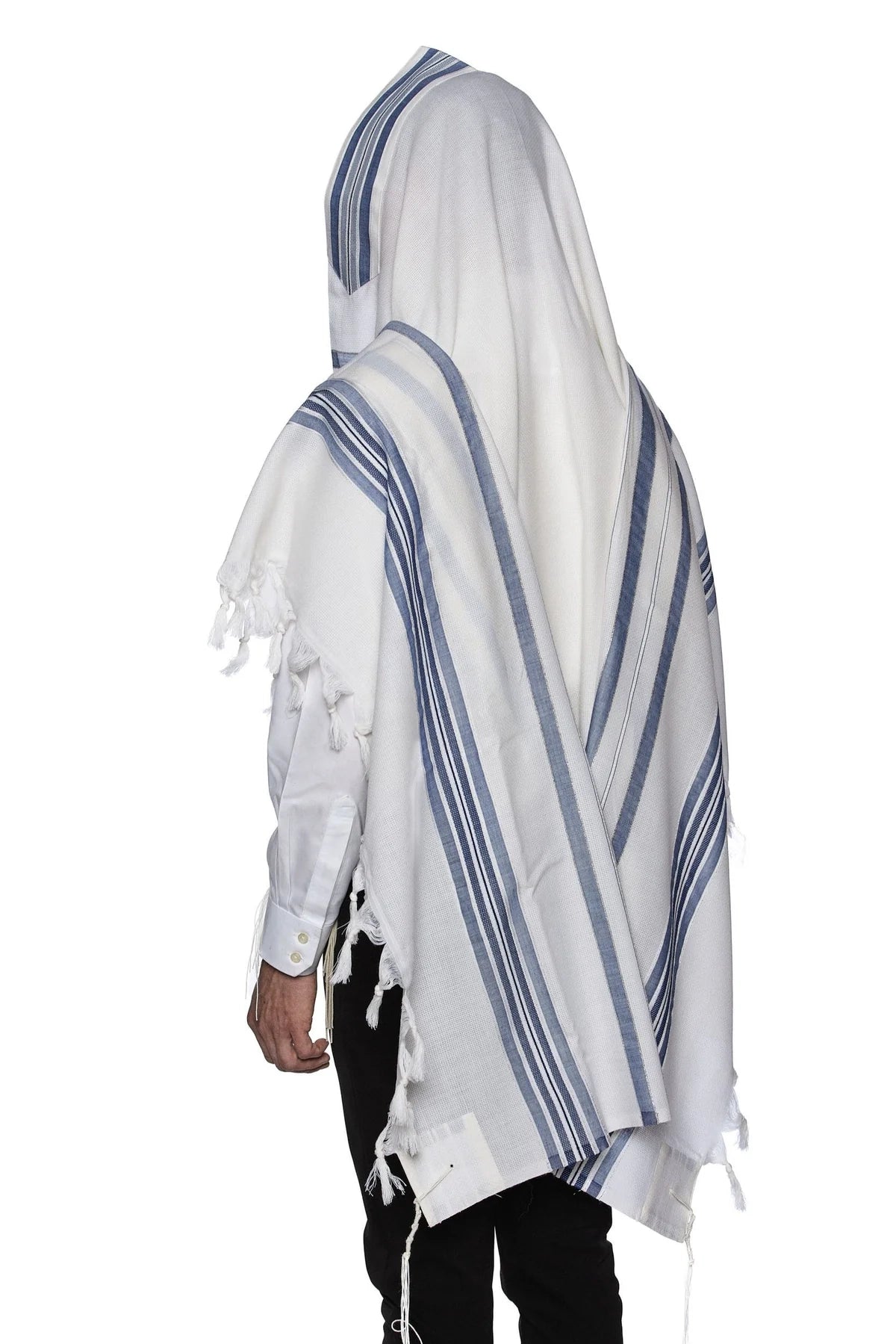 Mofet Wool Tallit - Lamenatzach/Non-Slip Weave Design: Size 55 Gray/Jeans