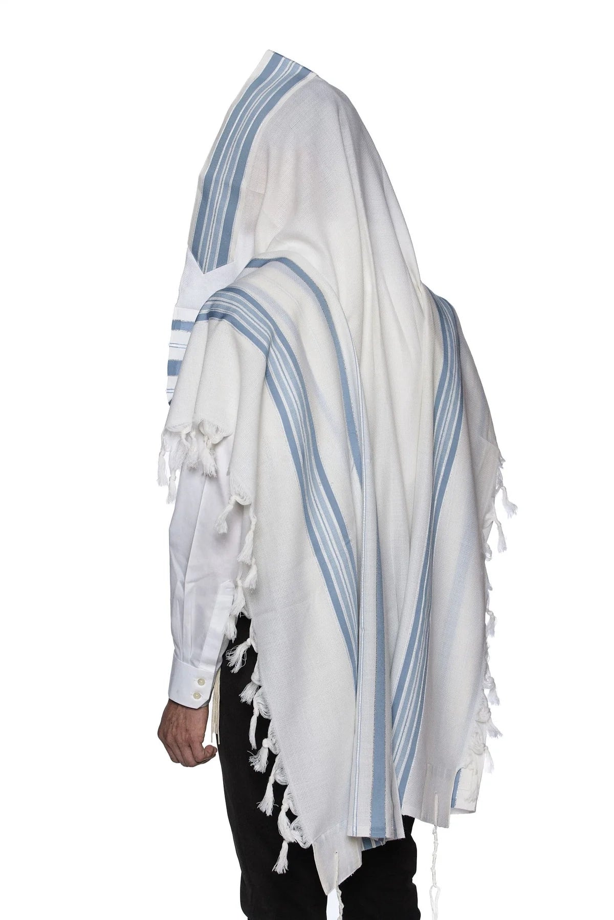 Mofet Wool Tallit - Lamenatzach/Non-Slip Weave Design: Size 55 Light Blue