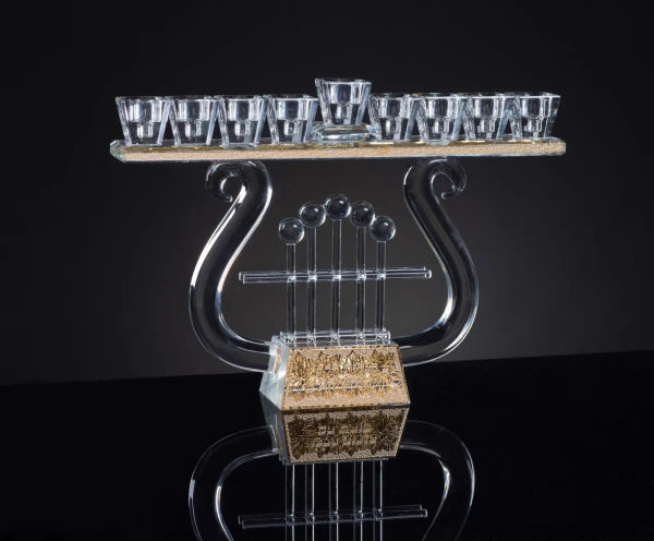 Crystal Menorah Harp Shape With Jerusalem Made 24 K Gold P 8.5"HX11"W