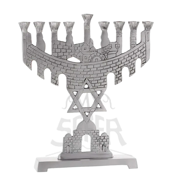 Menorah Standing With Jerusalem Aluminum Matt 9"