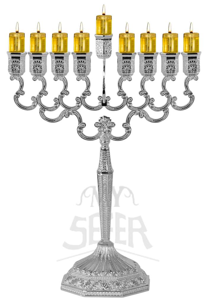 Silver Plated Oil Menorah Filigree Design Medium Size 11.5"