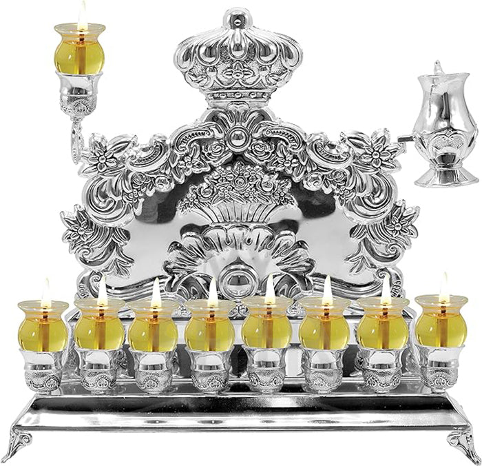 Silver Plated Oil Wall Menorah - Fits Standard Chanukah Oil Cups and Large Candles - 11” High - by Ner Mitzvah