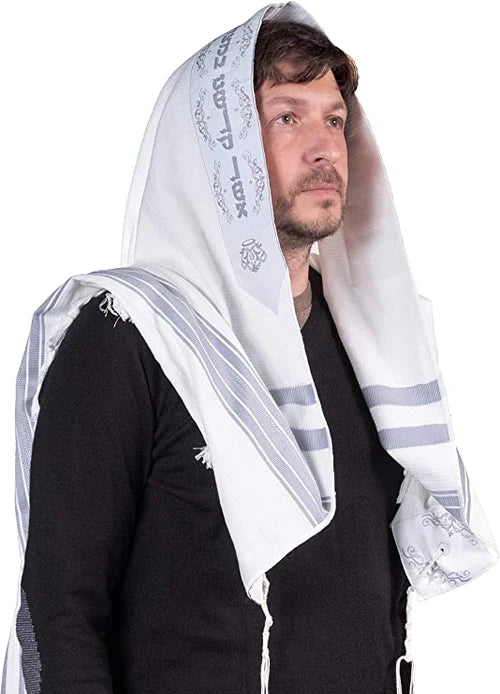 Cotton Tallis-White Lines With Silver: Size 60 (72" x 54")