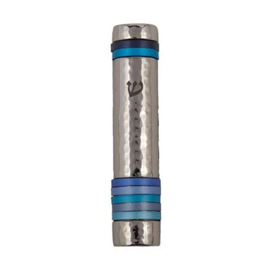 Blue Emanuel Hammered Mezuzah Case w/ Rings 12cm