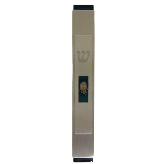 Brushed Aluminum Mezuzah Case Blue with Chamsa Design (Karshi) 12cm