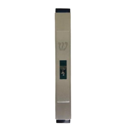 Brushed Aluminum Mezuzah Case Blue with Menorah Design (Karshi) 12cm