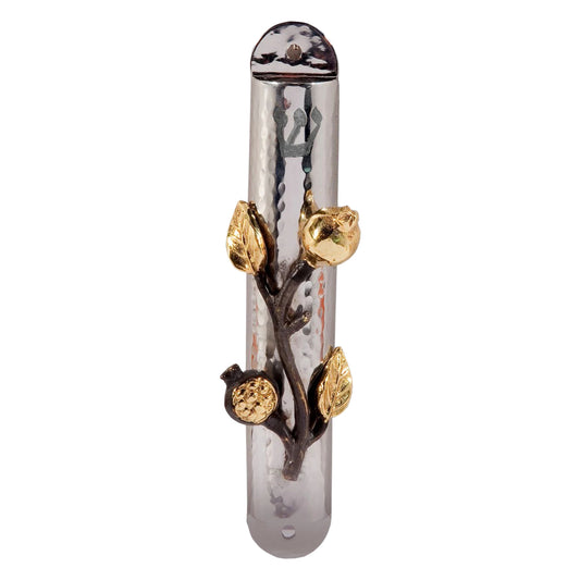 Emanuel Hammered Mezuzah Case 12cm- Pomegranate Branch