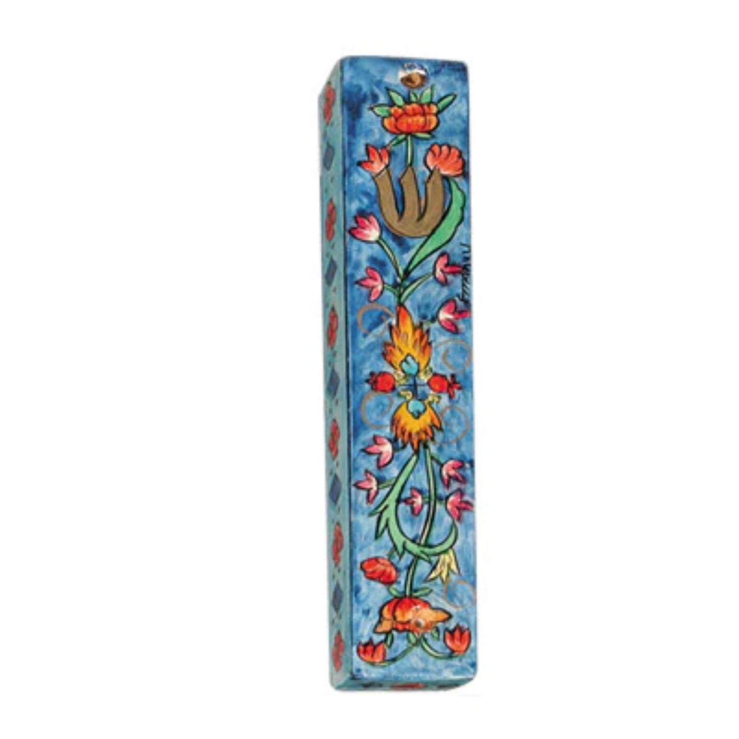 Flowers Blue Small Wooden Mezuzah