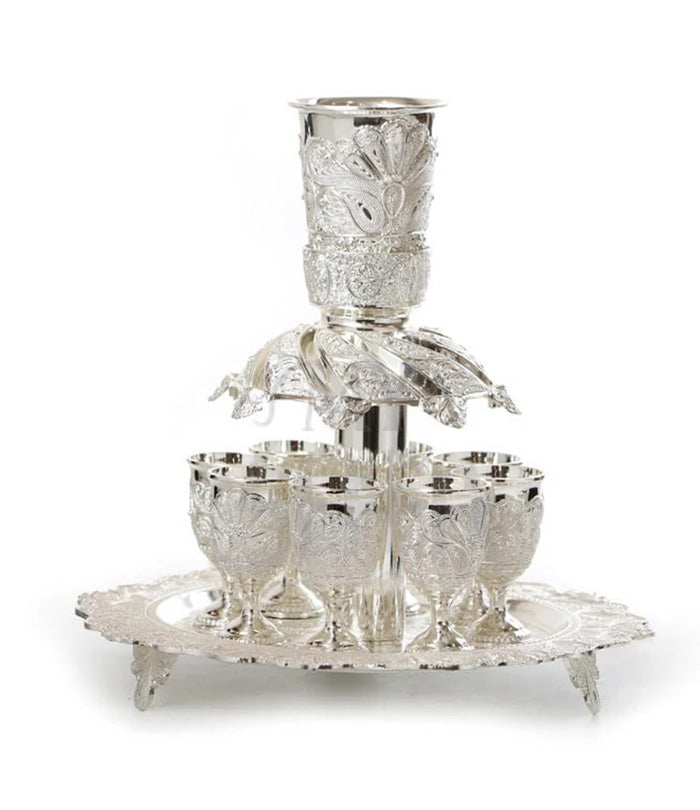 Silver Plated Raised Kiddush Fountain, 8 Small Stem Cups - Decorative Filigree