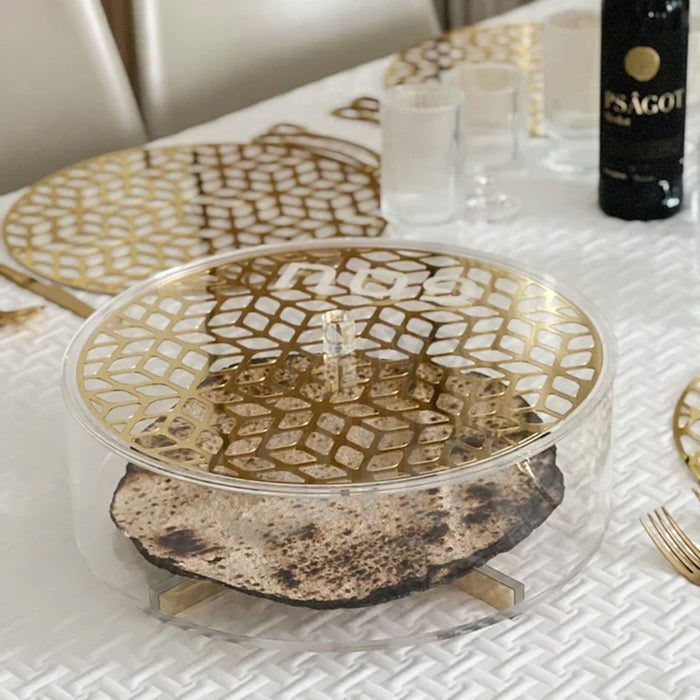 Lucite & Laser Cut Round Matzah Box-Gold