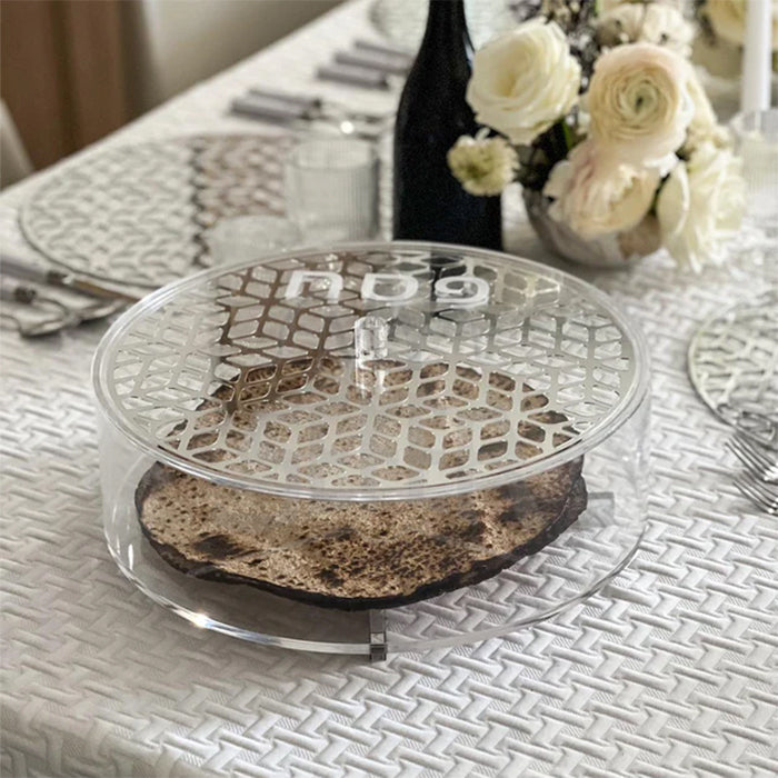 Lucite & Laser Cut Round Matzah Box-Silver