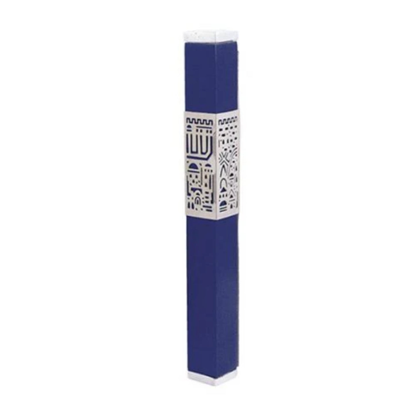 Jerusalem Blue Emanuel Metal Mezuzah Case w/ Metal cutout-- 12cm