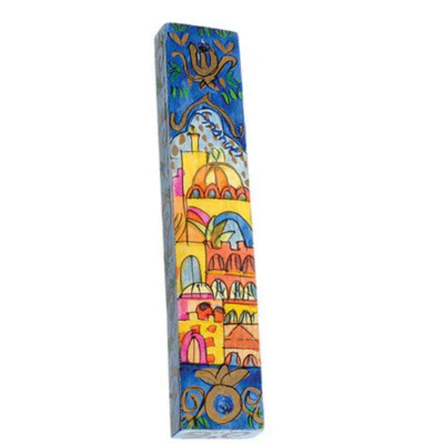 Jerusalem Panorama Blue Large Wooden Mezuzah