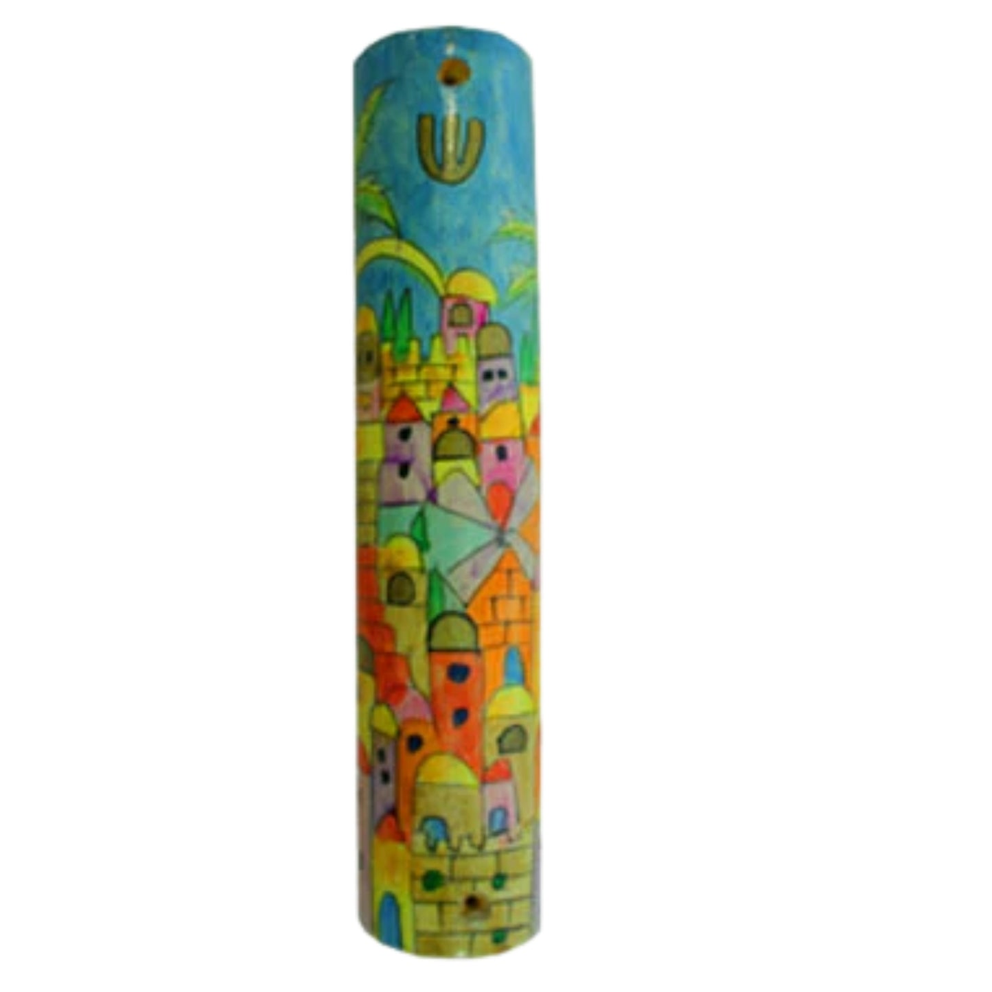 Jerusalem Round Small Wooden Mezuzah (Round)