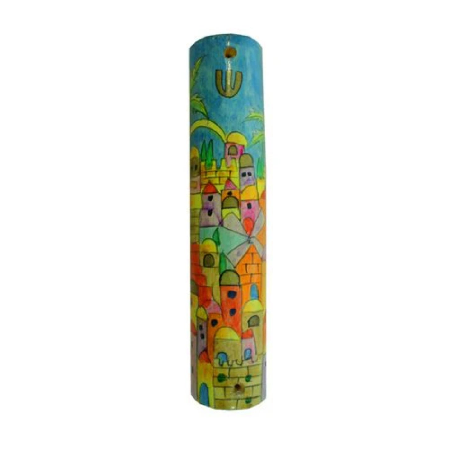 Jerusalem Yellow Large Wooden Mezuzah (Round)