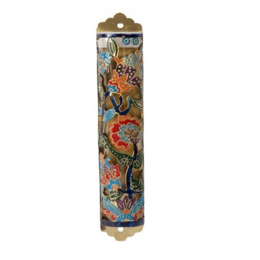 Laser Cut Hand Painted Mezuzah Large Flowers Multicolor
