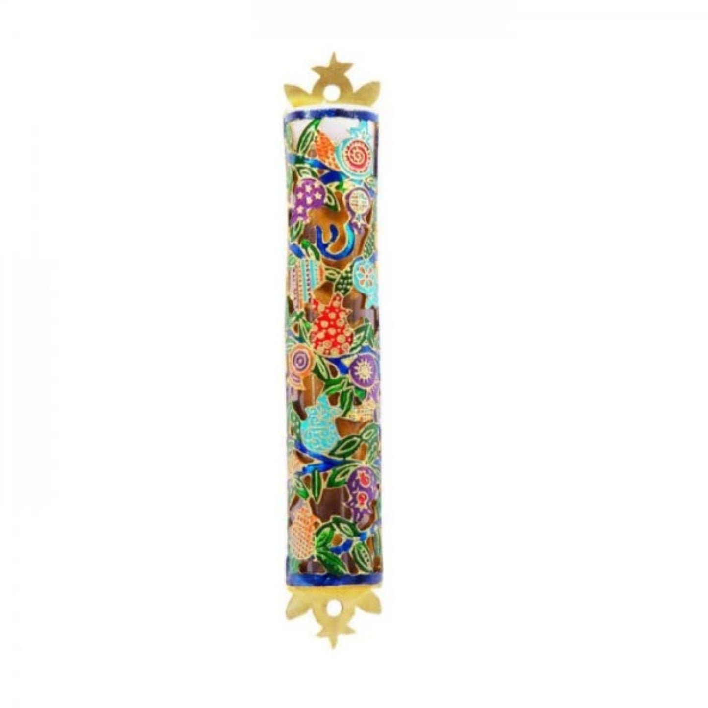 Laser Cut Hand Painted Mezuzah Large Pomegranates Multicolor