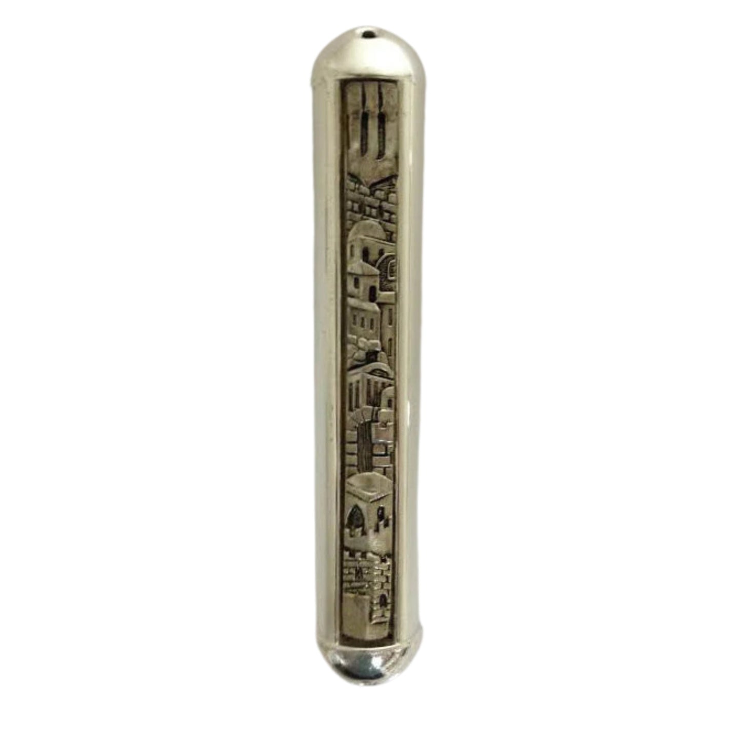 Metal Mezuzah Case with Etched Jerusalem Design 12cm