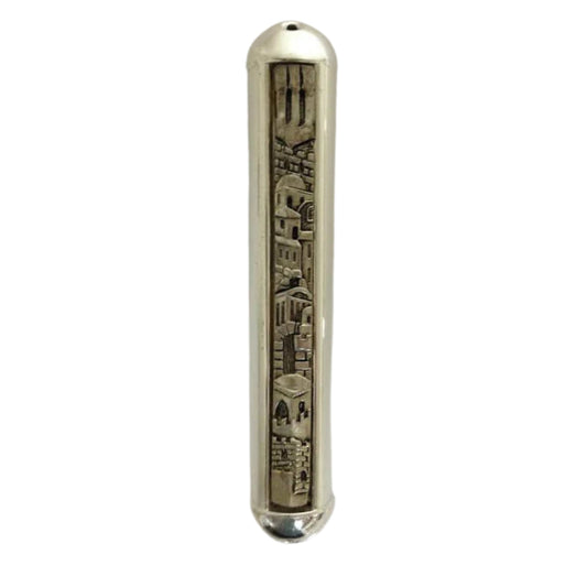 Metal Mezuzah Case with Etched Jerusalem Design 12cm