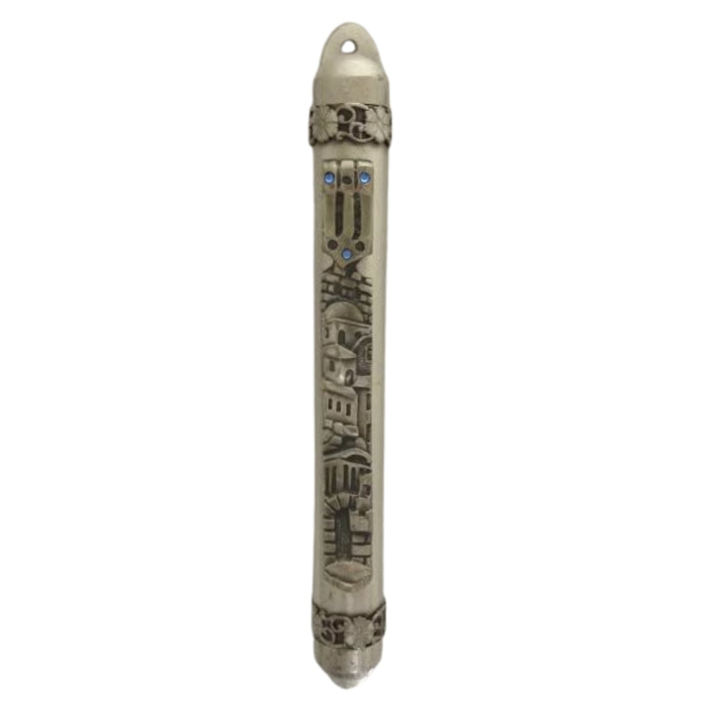 Pewter Mezuzah Case Yerushalayim Design with Blue Stones on "Shin" 10cm