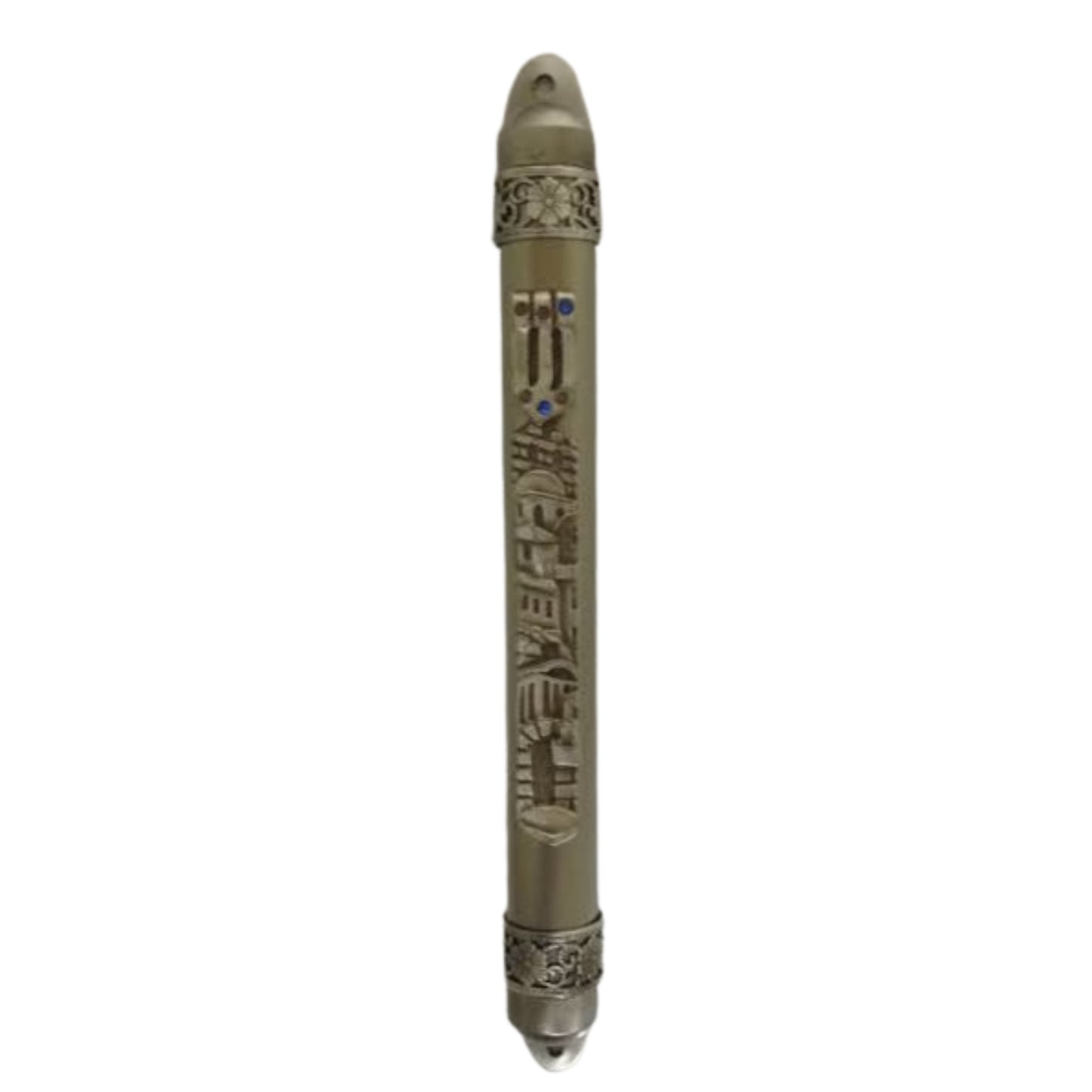 Pewter Mezuzah Case Yerushalayim Design with Blue Stones on "Shin" 12cm
