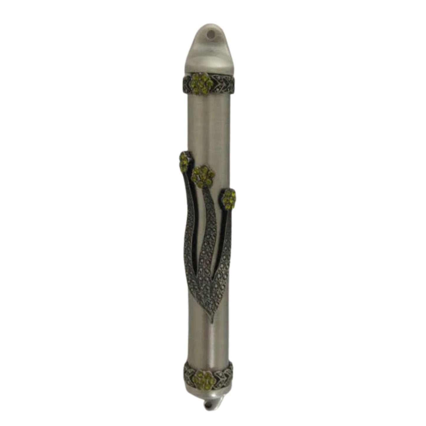 Pewter Mezuzah Case with Green Rhinestone (Karshi) 12cm