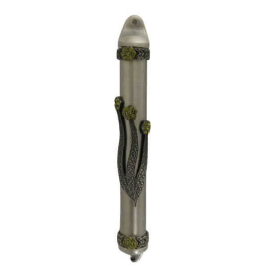 Pewter Mezuzah Case with Green Rhinestone (Karshi) 12cm