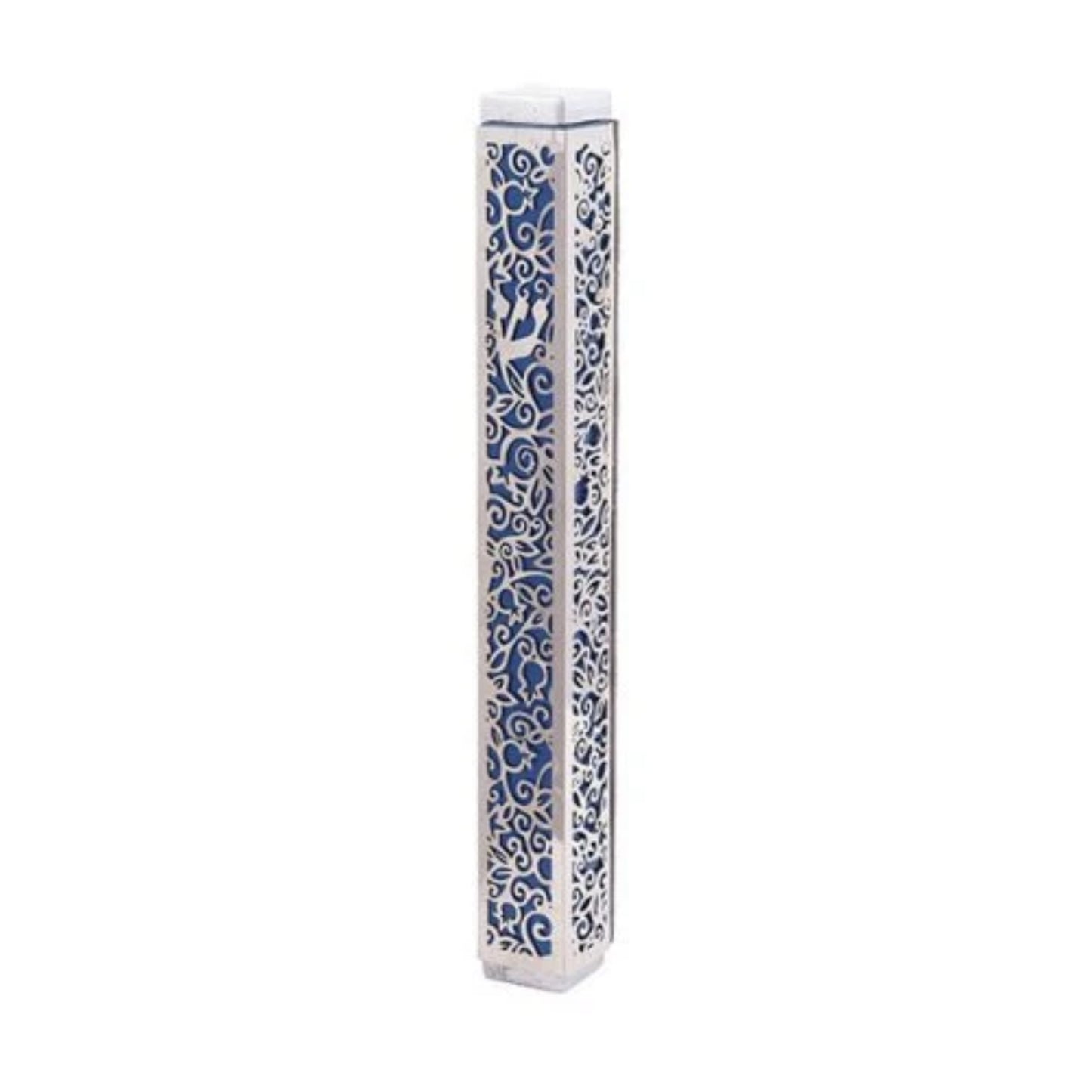 Pomegranate Blue Emanuel Anodized Mezuzah Case w/ Metal Cutout