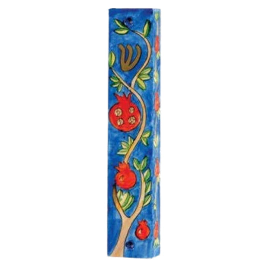 Pomegranates Blue Large Wooden Mezuzah