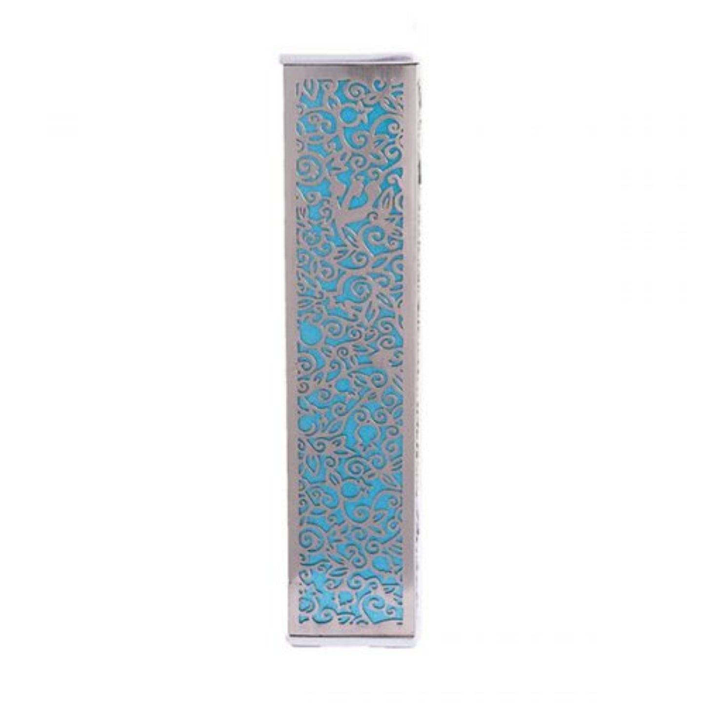 Turquoise Anodized Aluminum Mezuzah Case with Metal Cutout - Pomegranate