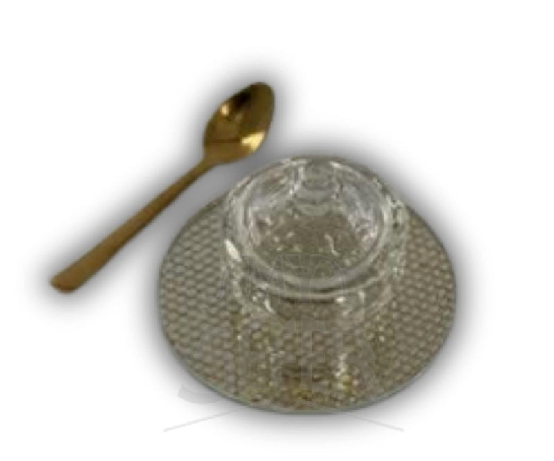 Small Crystal Honey Dish with Coaster -Gold Lattice Design