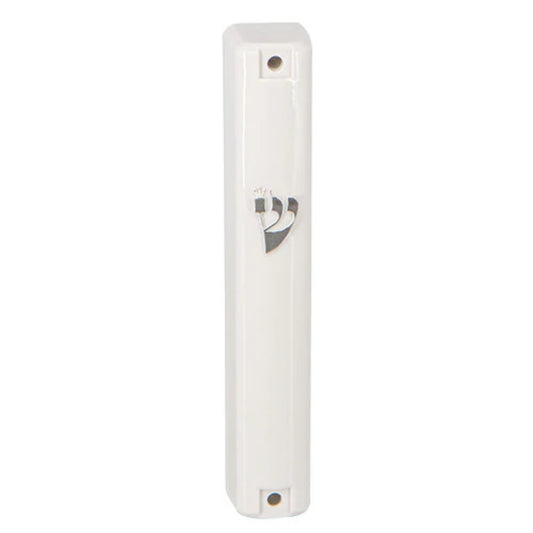 White Plastic Mezuzah Case Silver Shin 12cm