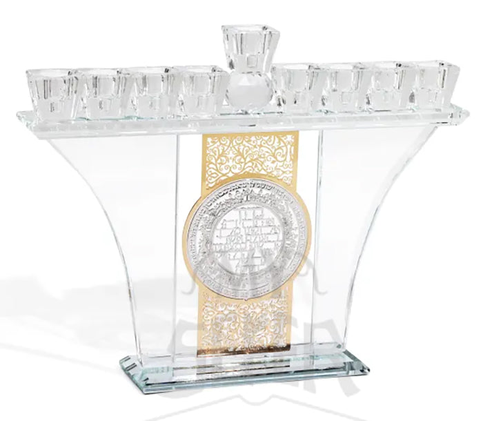 Crystal Menorah With Silver & Gold Blessing Plates