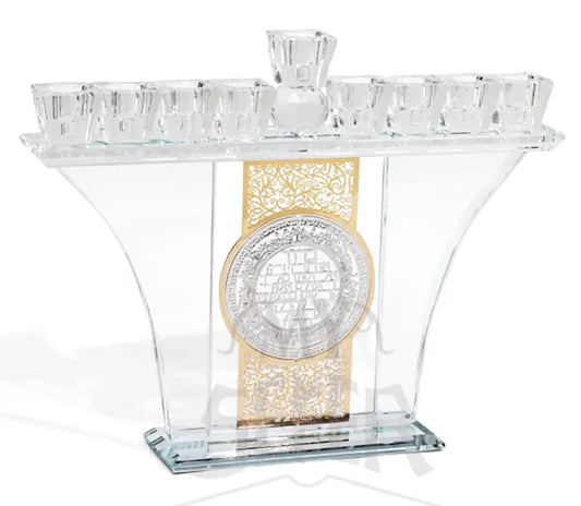 Crystal Menorah With Silver & Gold Blessing Plates