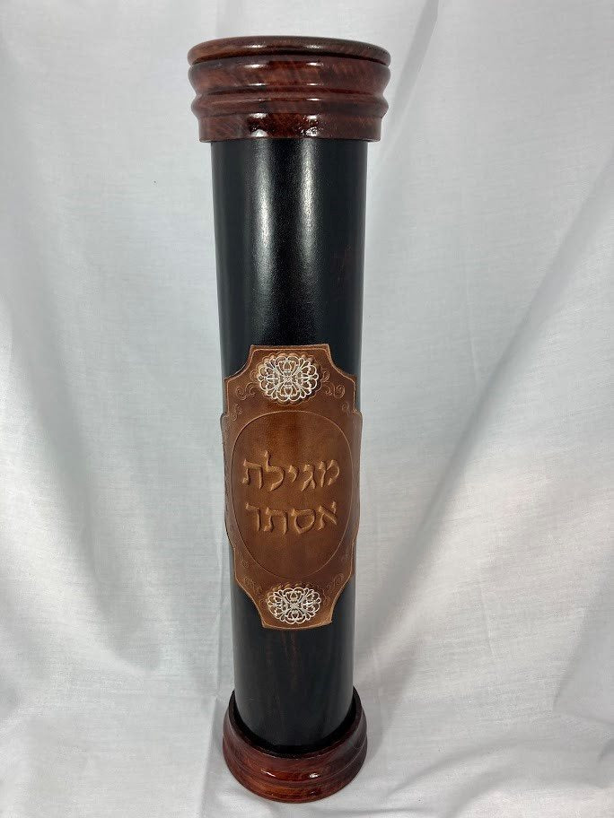 Leather & Wood Megillah Holder 16" Patch Design-Brown