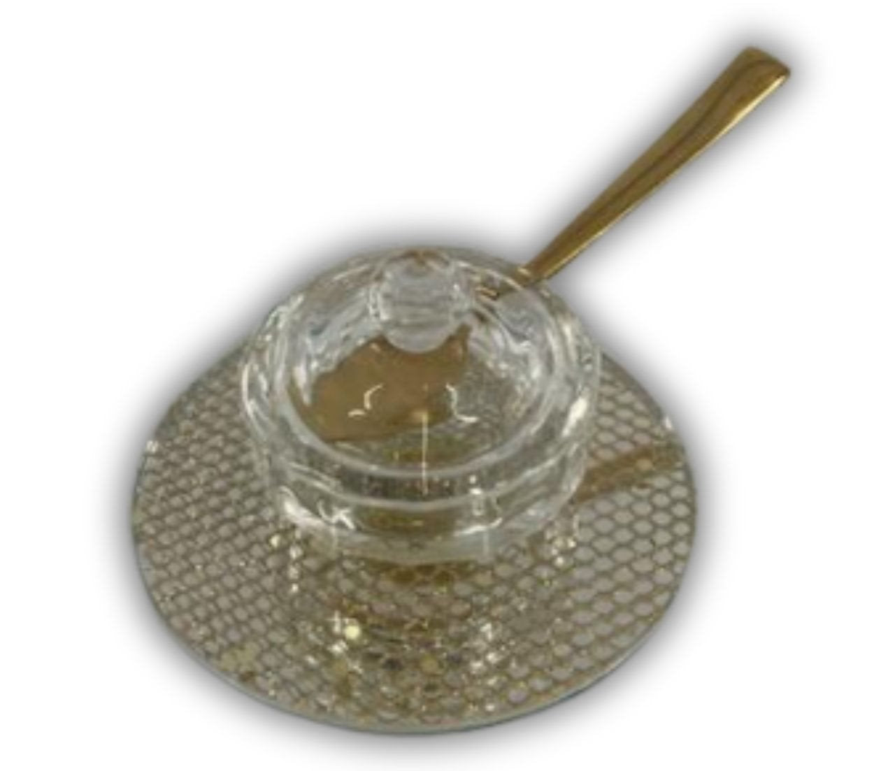 Small Crystal Honey Dish with Coaster -Gold Lattice Design