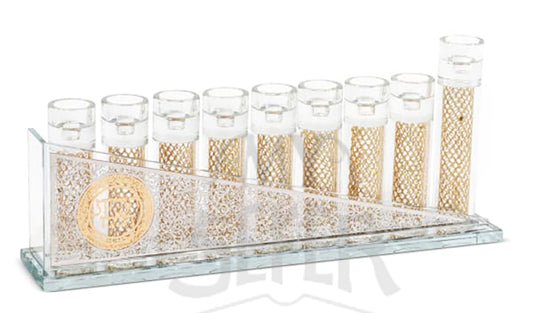 Crystal Menorah With Silver & Gold Blessing Plates